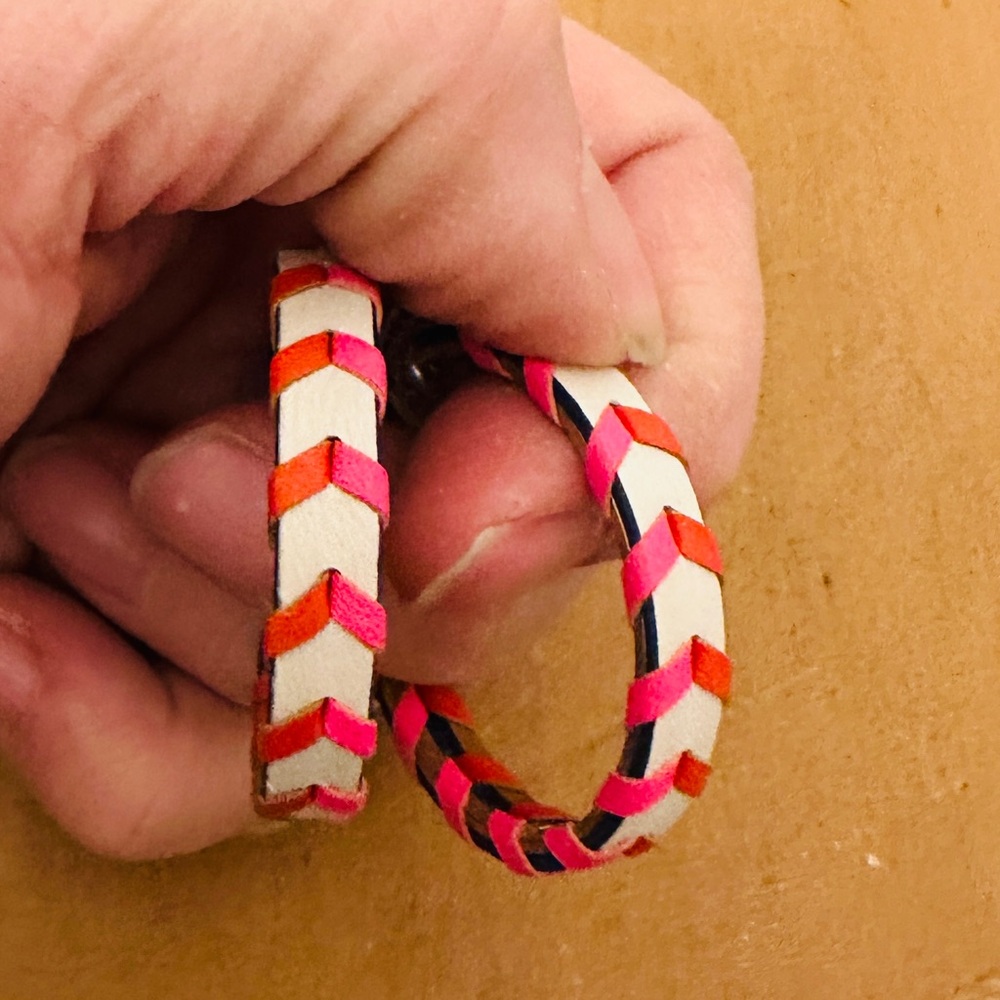 Stella & Dot Woven Leather Hoops. Pink, Orange, Navy, White - Picture 3 of 3